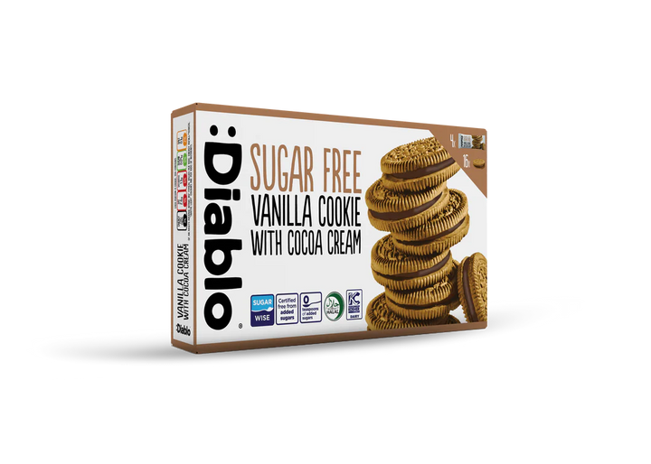 Diablo zuckerfreie Sandwich Vanillekekse mit Kakaocreme (176g) Einzeln verpackt nur 3 g anrechenb. KH/pro Cookie