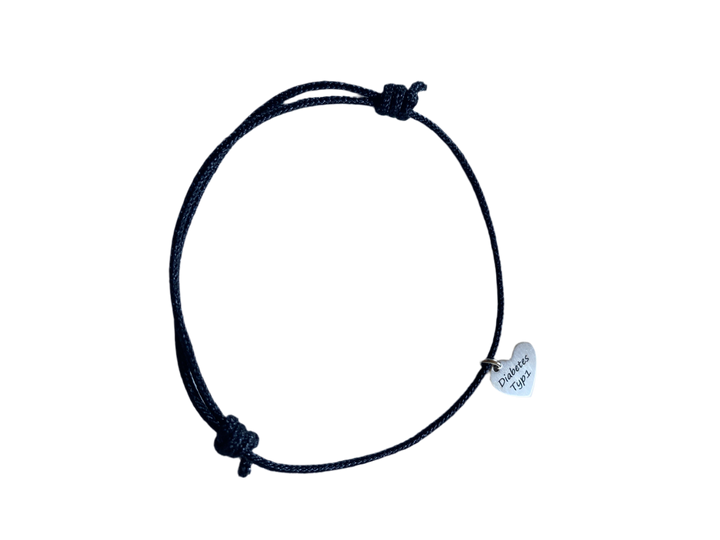 Armband 925er Silber "Diabetes Typ 1"  HERZ Schwarz