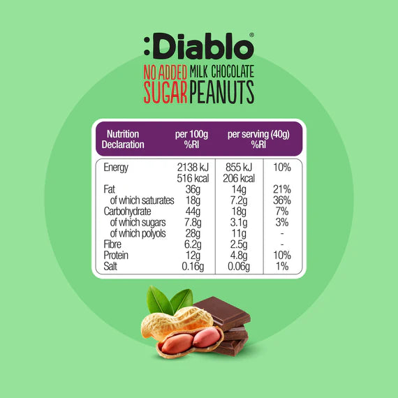 Diablo zuckerfreie Erdnüsse umhüllt von zarter Milchschokolade (40g) -nur 2,4g anrechenb.KH