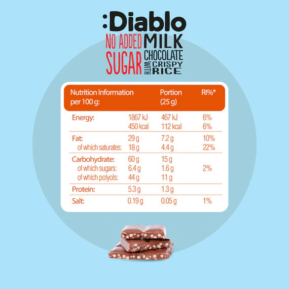 Diablo zuckerfreie Milchschokolade Chrispy Rice 75g - nur 12g anrechenbare KH/Tafel