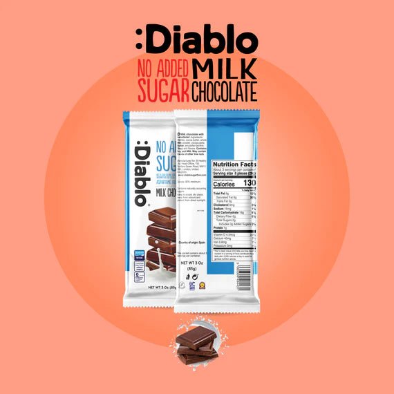 Werbung von Diablo zuckerfreie Milchschokolade 85g - nur 7g anrechenbare KH/Tafel - von Zuckerschmuck