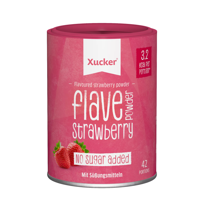 Geschmackspulver Erdbeere von Xucker Flave Powder Strawberry 120g Dose mit Pro Portion gerade einmal 3,2 kcal - bei vollem Geschmack.