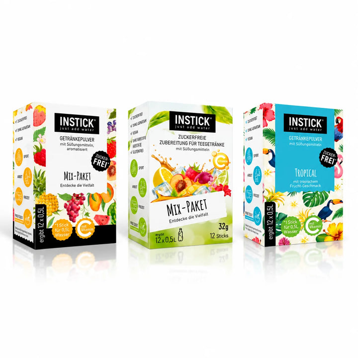 INSTICK sugar-free drink powder, 36x, 3x 12-pack set: Mix, Mix Iced Tea & Tropical