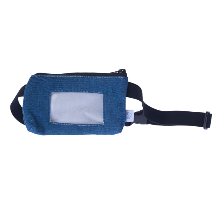 Insulinpumpen Bauchtasche mit flexiblem Gurt Jeans blau mit Fenster