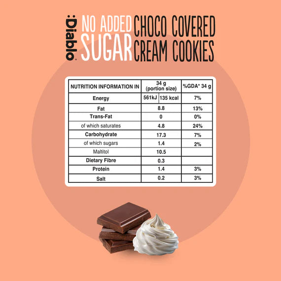 Diablo zuckerfreie Schoko-Creme Kekse 136g - Einzeln verpackt nur 7,2 g anrechenbare KH/2Stk.