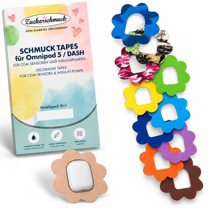 Value Pack 10+1 SCHMUCK Decorative Tape Flower Mix, e.g., for Omnipod / DASH & Omnipod 5 | Waterproof, decorative patches