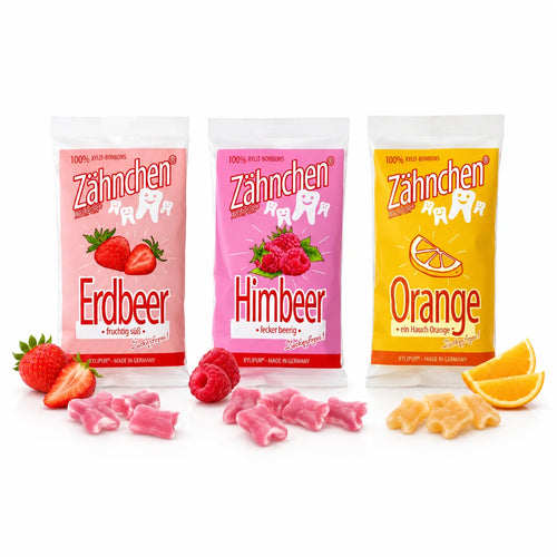Caramelos de xilitol Zähnchen pack ahorro de 3: fresa, frambuesa y naranja, Zähnchen de xilitol