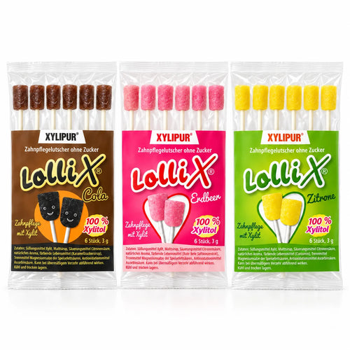 Pack ahorro de 18 piruletas para el cuidado dental: 6x cola, 6x fresa y 6x limón, piruletas de xilitol