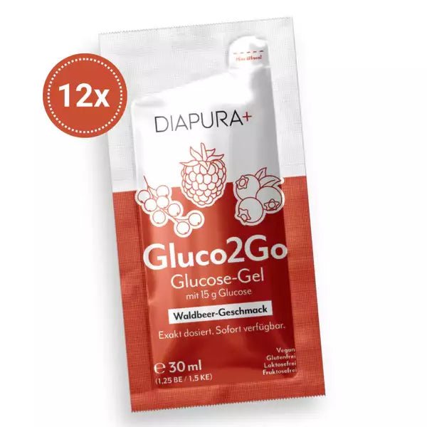 DIAPURA Gluco2Go Glucose-Gel bei Unterzuckerung, 12x 30 ml Packung mit Waldbeergeschmack.