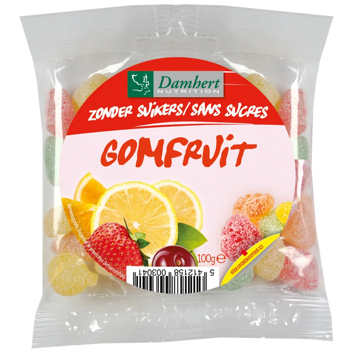 Damhert Gomfruit - sugar-free fruit gummies, 100 g (9g net carbs/100g)