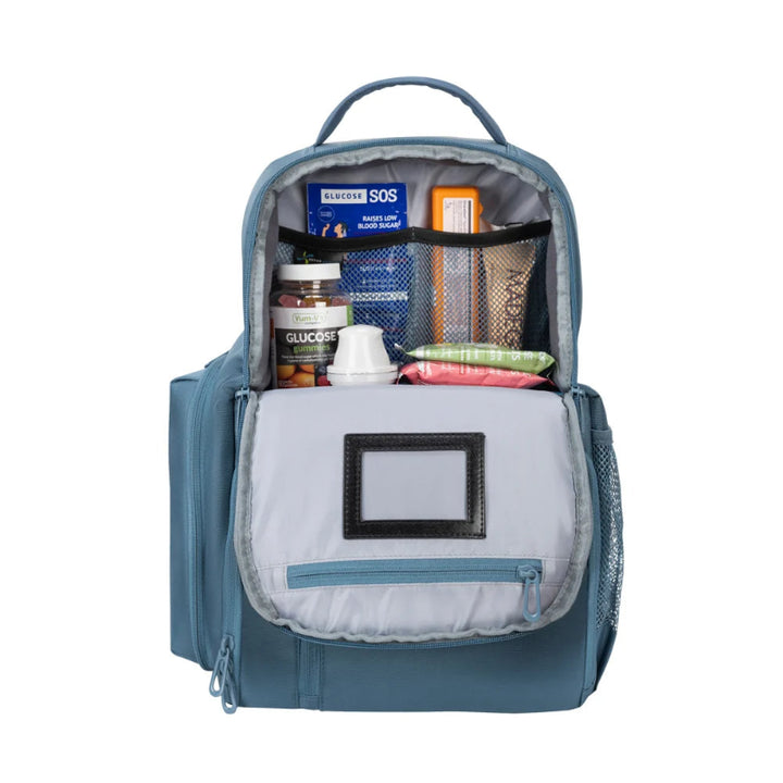 Zuckerschmuck Diabetes Reiserucksack ''Steel Blue'' Oben offen