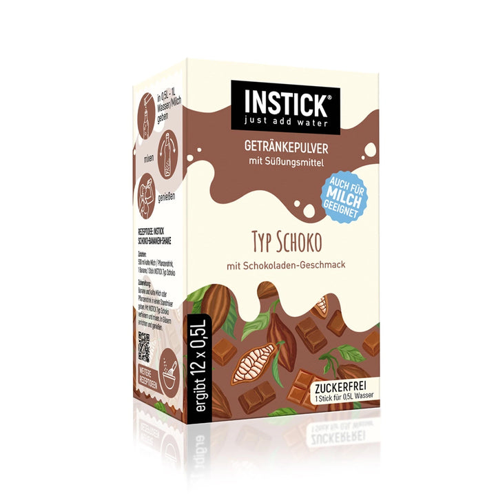 INSTICK Typ Schoko für 12 x 0,5 l: 12x Getränkepulver für zuckerfreie Getränke, vegan (ohne KH/BE)