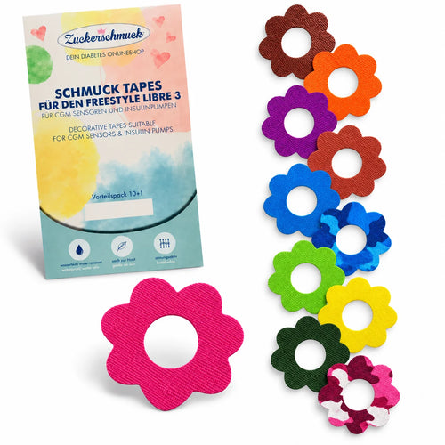 Value Pack 10+1 DECORATIVE Ring Tape Flower Mix: Sensor Tape, e.g., for Libre 3 Plus & Freestyle Libre 3 Sensor | Waterproof, decorative patches