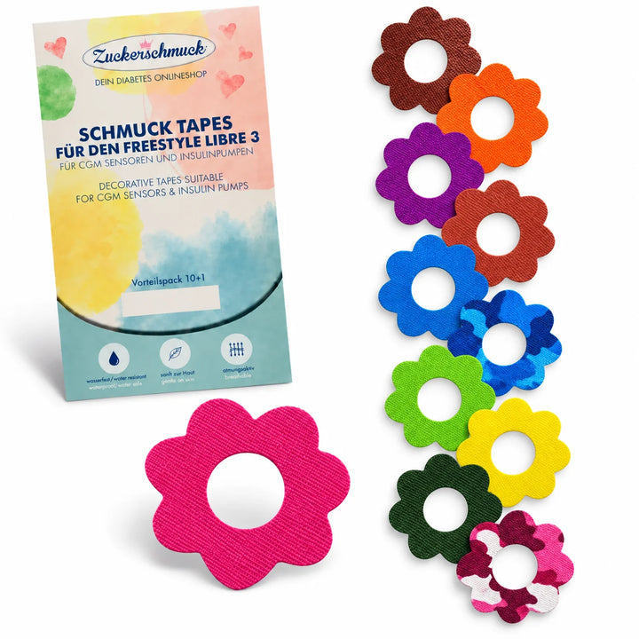 Lot économique 10+1 SCHMUCK Ring Tape Fleur Mix : patch sensoriel, par ex. pour Libre 3 Plus & Freestyle Libre 3 | Pansement étanche, décoratif