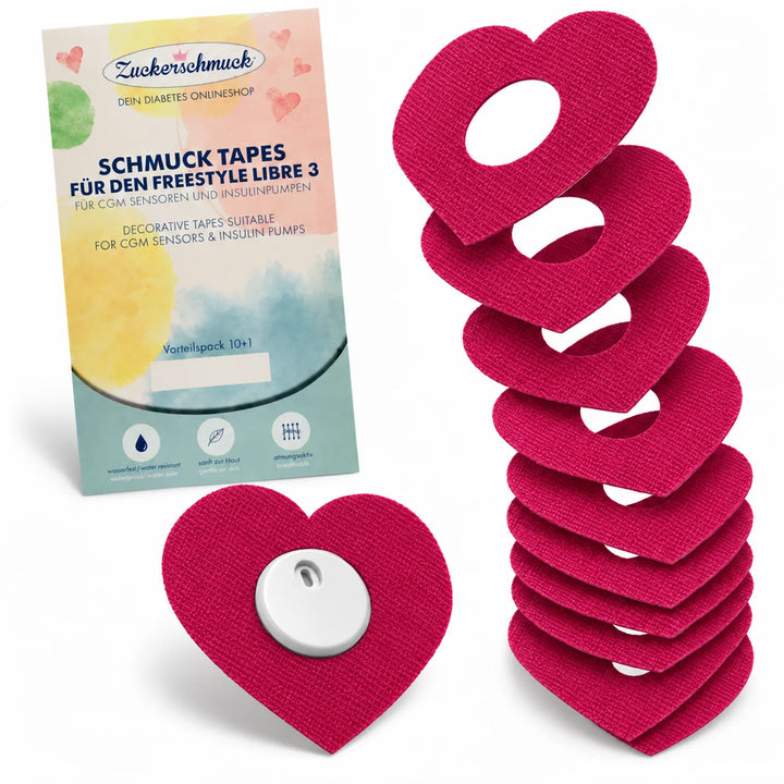 Sparpack 10+1 SCHMUCK Ring Tape Herz Pink: Sensor Tape, z. B. für Libre 3 Plus & Freestyle Libre 3 Sensor | Pflaster wasserfest, dekorativ