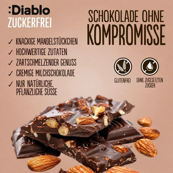 Diablo chocolate con leche sin azúcar con almendras (75 g, solo 6 g de HC computables por tableta)