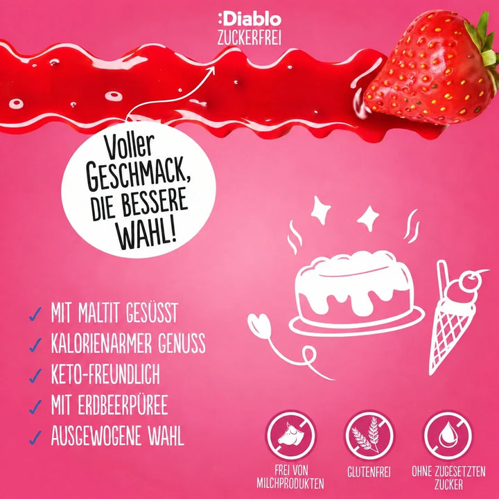 Diablo salsa de postre de fresa sin azúcar (290 ml, solo 0,9 g de HC computables por ración de 30 g)