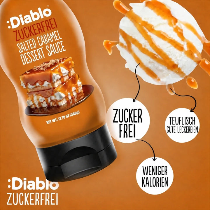 Diablo salsa de postre de caramelo salado sin azúcar (290 ml, solo 0,3 g de HC computables por ración de 30 g)