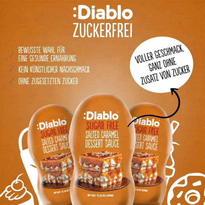 Diablo salsa de postre de caramelo salado sin azúcar (290 ml, solo 0,3 g de HC computables por ración de 30 g)