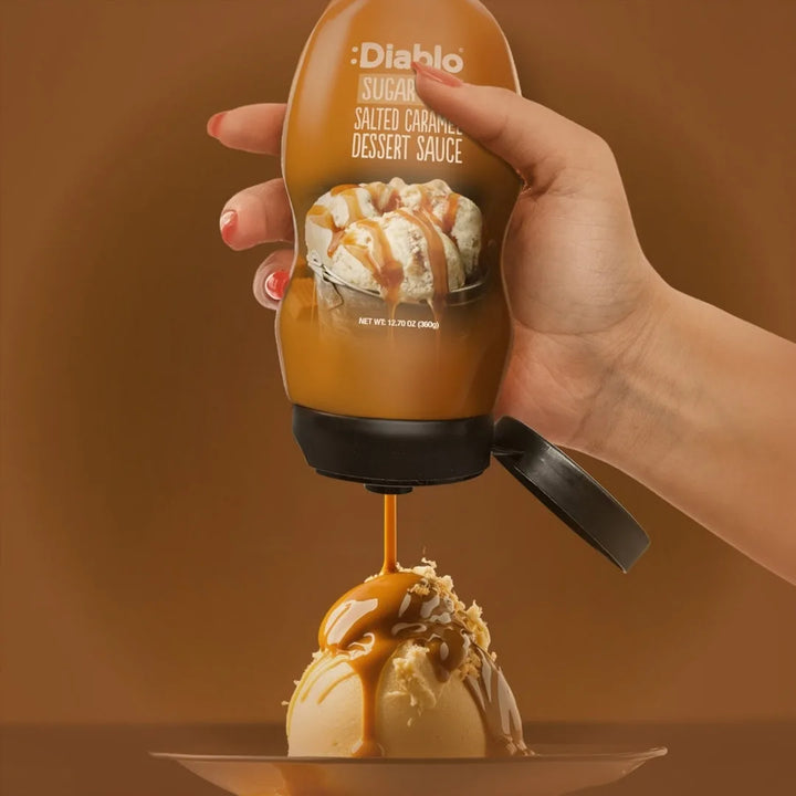 Diablo salsa de postre de caramelo salado sin azúcar (290 ml, solo 0,3 g de HC computables por ración de 30 g)