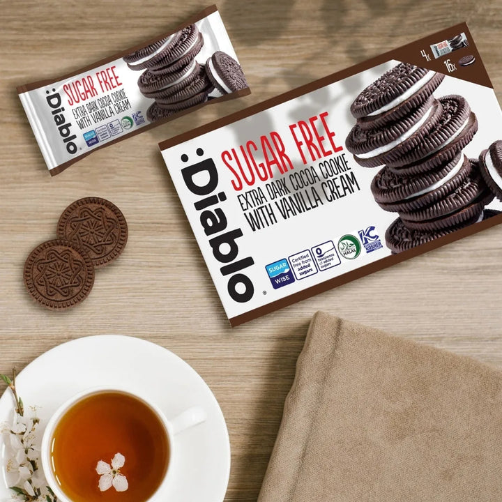 Diablo galletas sándwich de chocolate negro sin azúcar con crema de vainilla (176 g, envasadas individualmente, solo 4,5 g de HC por galleta)