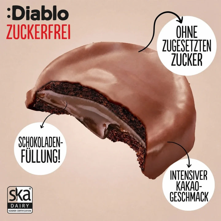 Diablo galletas de chocolate negro sin azúcar con relleno de crema de chocolate (128 g, solo 4,5 g de HC computables por galleta)