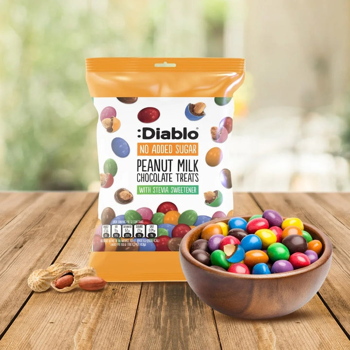 Diablo cacahuetes de colores sin azúcar cubiertos de chocolate con leche (40 g, 2 g de HC computables)
