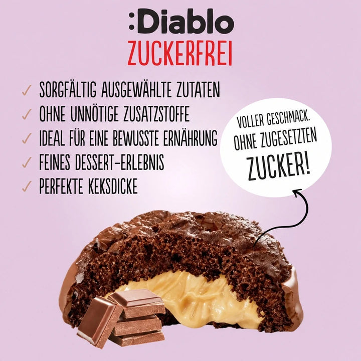 Diablo galletas de cacao con cacahuete sin azúcar, bañadas en chocolate con leche entera (110 g, 3,3 g de HC computables por galleta)