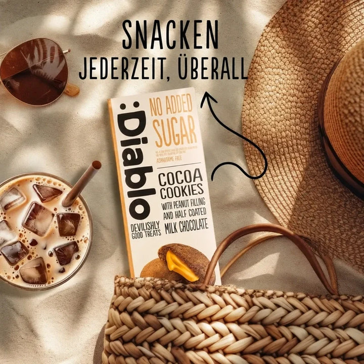Diablo galletas de cacao con cacahuete sin azúcar, bañadas en chocolate con leche entera (110 g, 3,3 g de HC computables por galleta)