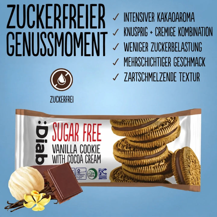 Diablo galletas sándwich de vainilla sin azúcar con crema de cacao, envasadas individualmente (176 g, 3 g de HC computables por galleta)