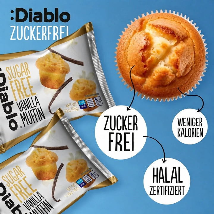 Diablo muffins de vainilla sin azúcar, pack ahorro de 6 (270 g, 11 g de HC computables por muffin)
