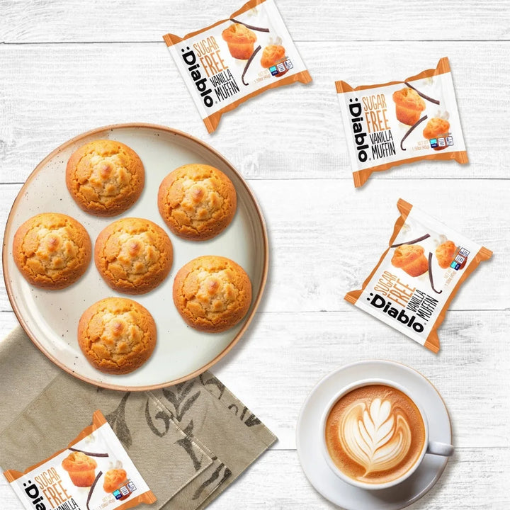 Diablo muffins de vainilla sin azúcar, pack ahorro de 6 (270 g, 11 g de HC computables por muffin)
