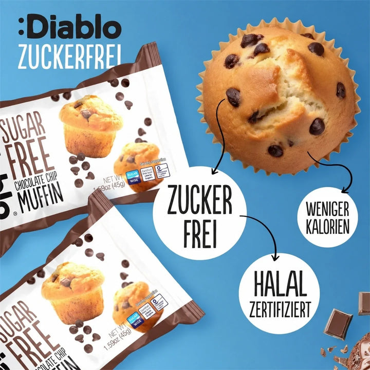 Diablo muffins sin azúcar con trocitos de chocolate, pack ahorro de 6 (45 g, 9,7 g de HC computables por muffin)