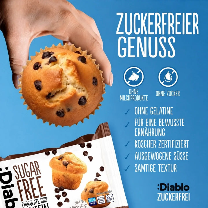 Diablo muffins sin azúcar con trocitos de chocolate, pack ahorro de 6 (45 g, 9,7 g de HC computables por muffin)