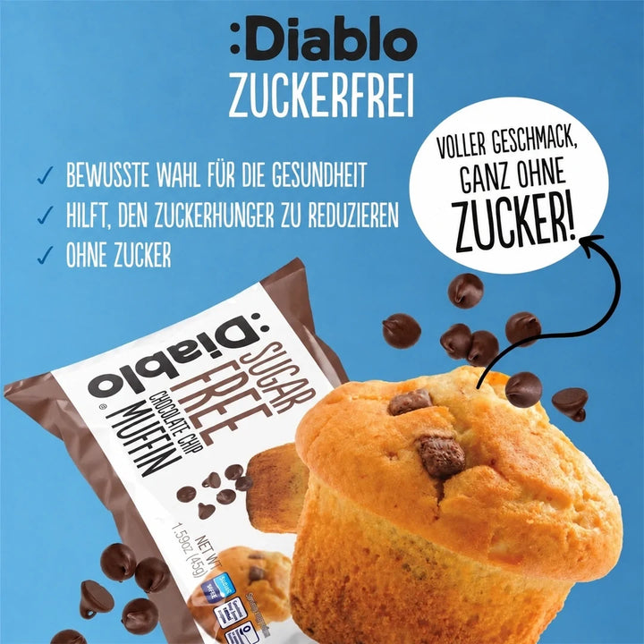 Diablo muffins sin azúcar con trocitos de chocolate, pack ahorro de 6 (45 g, 9,7 g de HC computables por muffin)