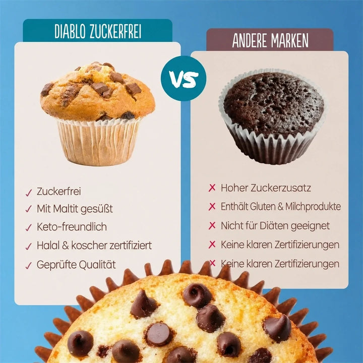 Diablo muffins sin azúcar con trocitos de chocolate, pack ahorro de 6 (45 g, 9,7 g de HC computables por muffin)