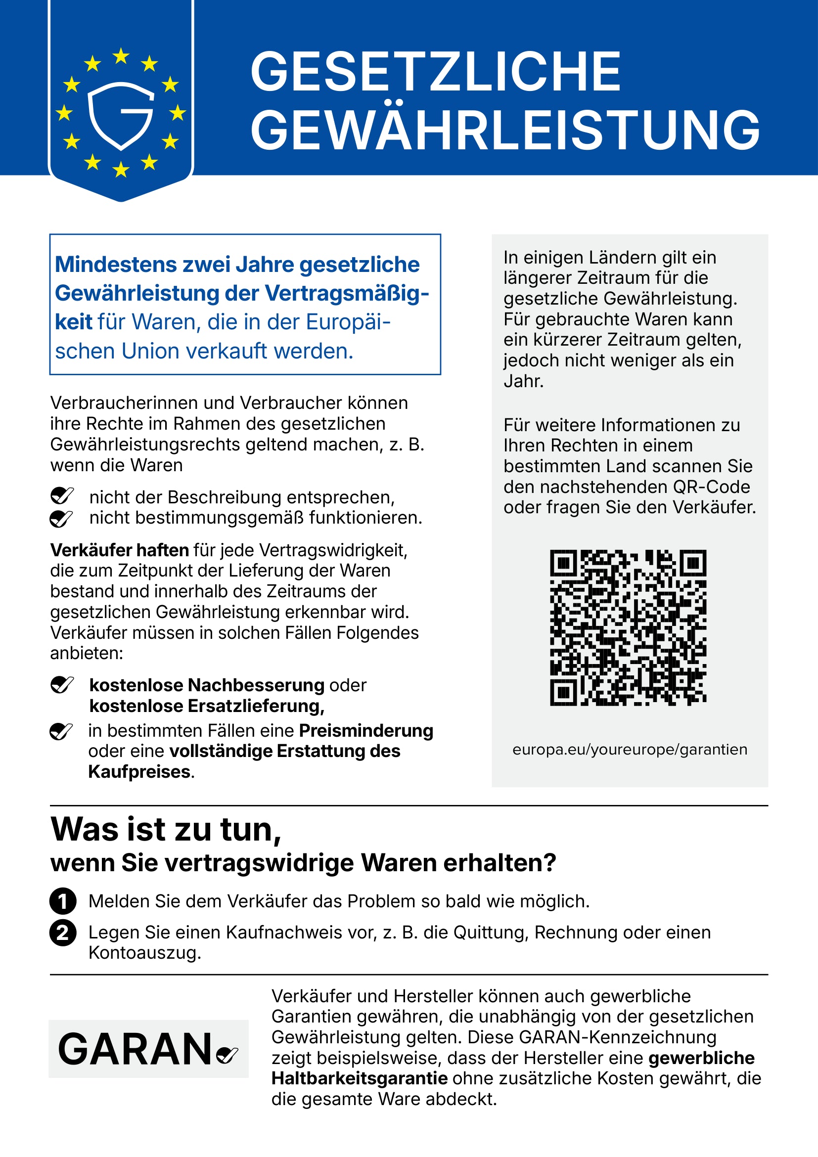 EU-Hinweis: mindestens zwei Jahre gesetzliche Gewährleistung für Waren, die in der Europäischen Union verkauft werden