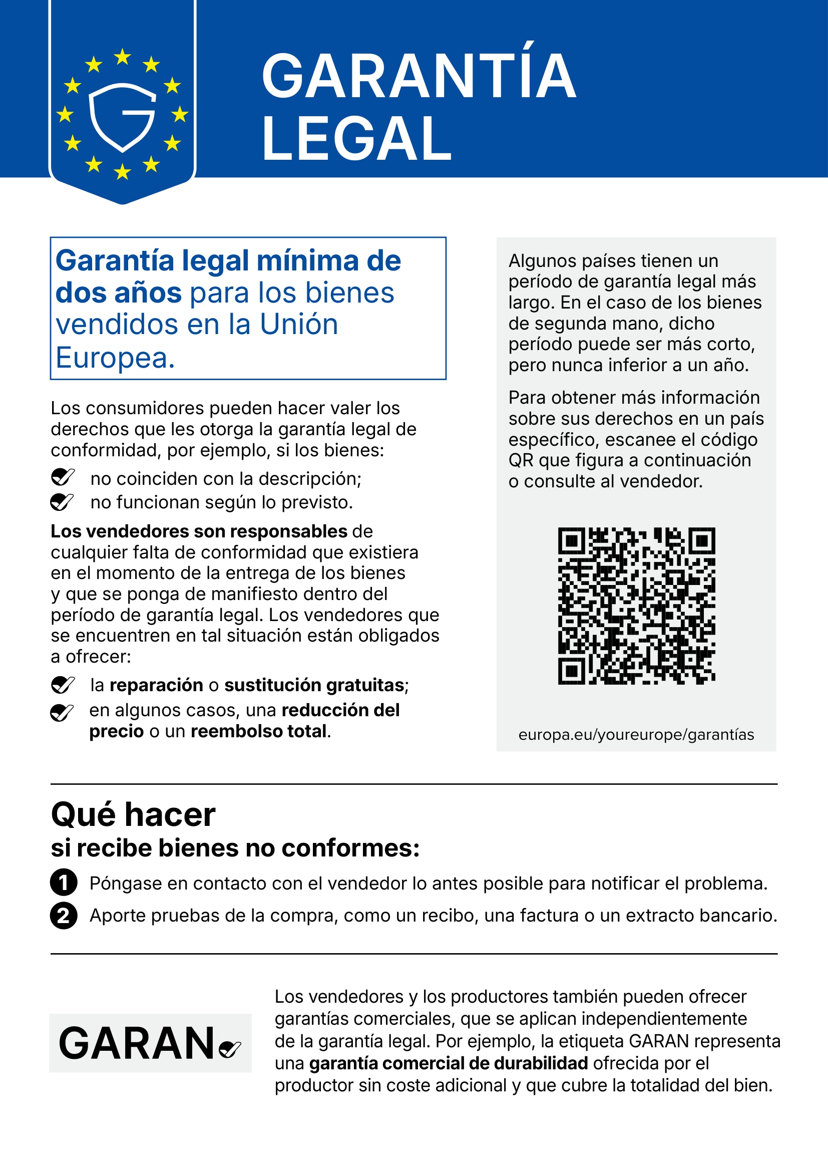 Aviso de la UE: garantía legal de al menos dos años para los bienes vendidos en la Unión Europea