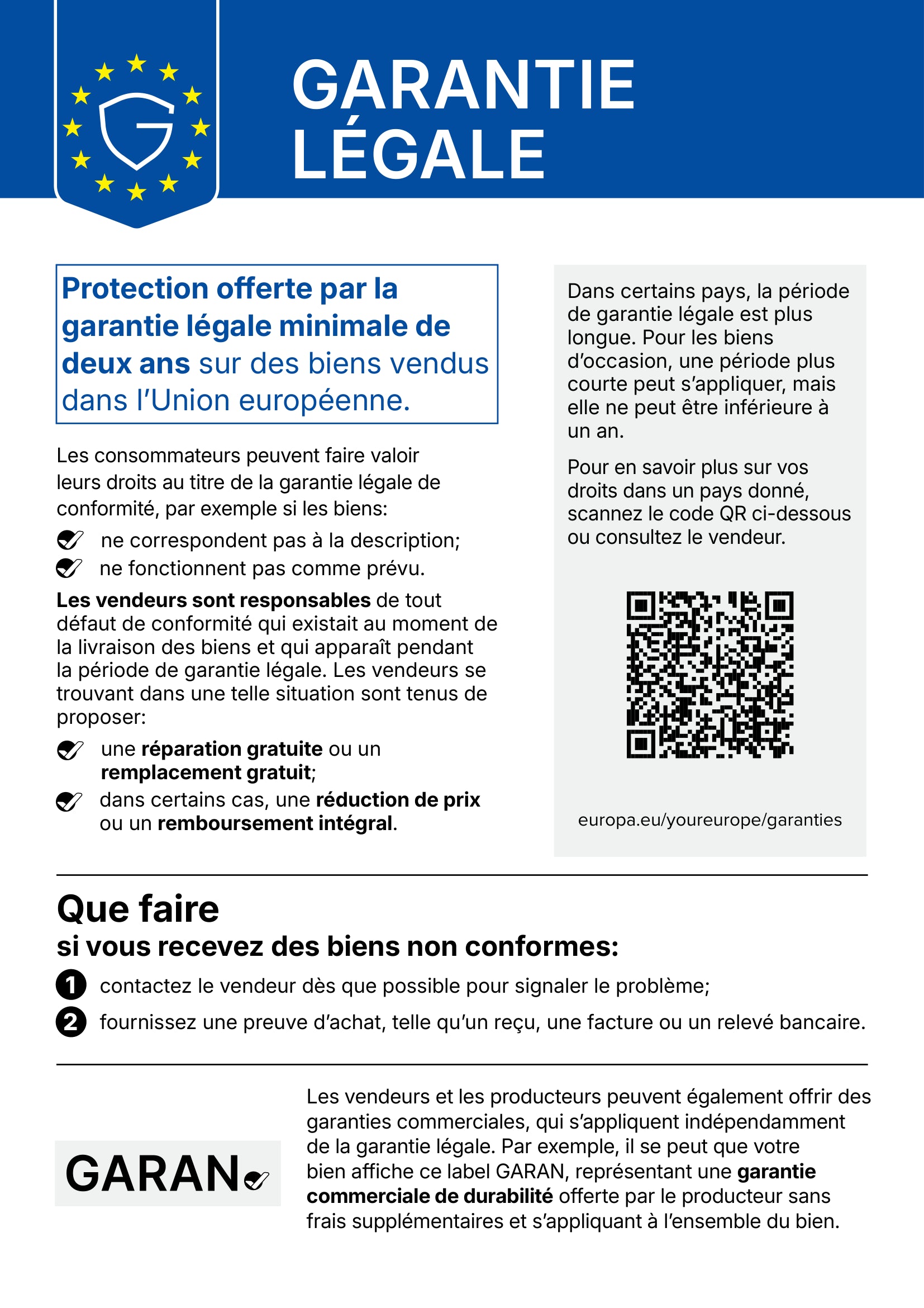 Avis de l’UE : garantie légale d’au moins deux ans pour les biens vendus dans l’Union européenne