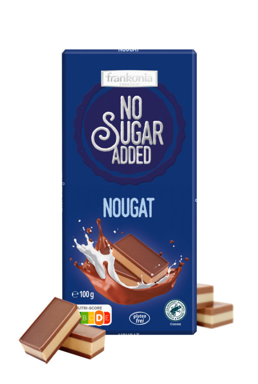 Vollmilchschokolade mit Nougat-Füllung und Süßungsmittel Maltit und Ballaststoff Inulin. 